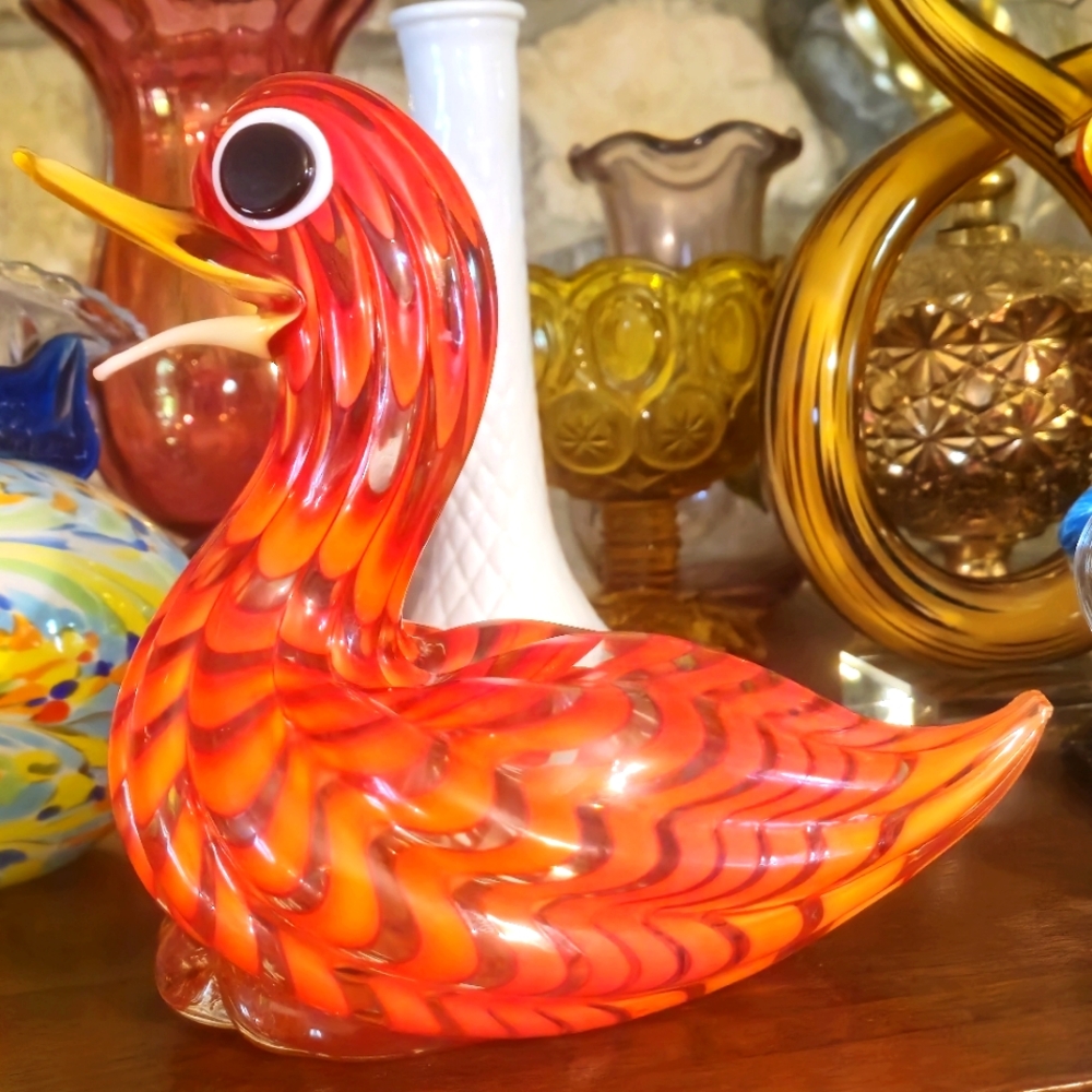 Murano Style Type Duck 9"L x 5"W x 7"H - Vibrant Reddish Orange Swirl Colors - Picture 1 of 12